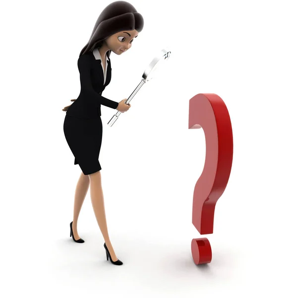 3D kadın incelemek soru işareti Büyüteç kavramı beyaz zemin üzerine, sırt açısı görünümü kullanma