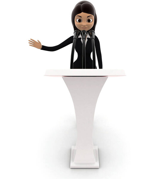 3d woman speech on podium concept on white background, front angle view