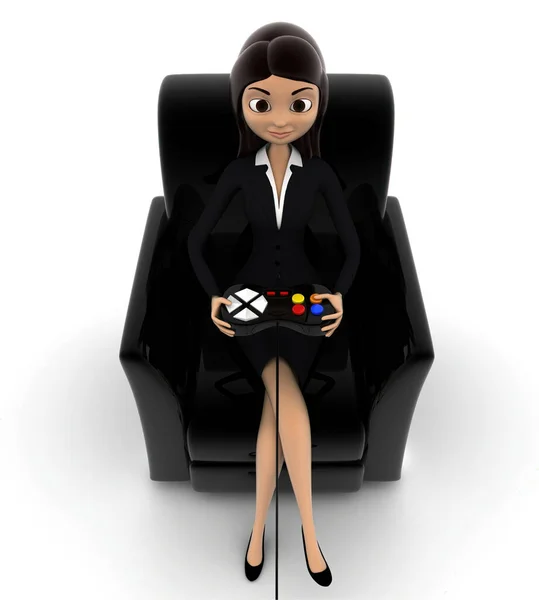 Mujer Sentada Sofá Jugando Videojuego Con Concepto Palo Alegría Fondo —  Fotos de Stock