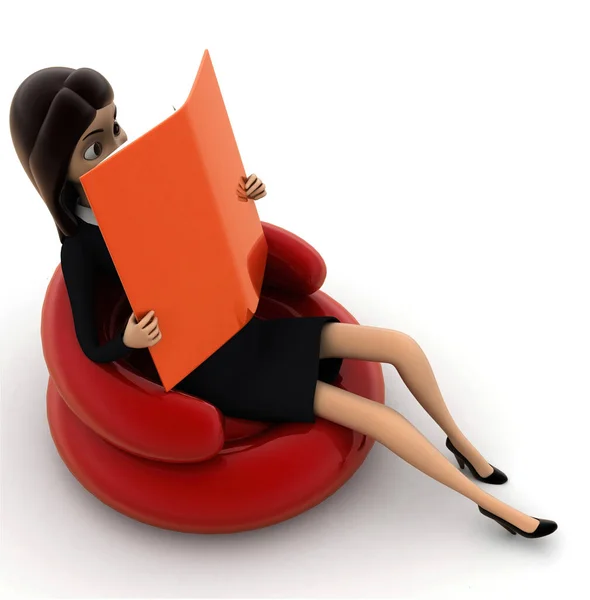 3D nő olvasás könyv, míg a szék koncepció — Stock Fotó