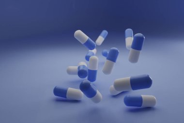 Mavi arka plana düşen bir grup antibiyotik hapı. Sağlık ve Tıbbi 3D konsepti.
