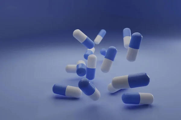 Μια Ομάδα Αντιβιοτικών Χαπιών Που Πέφτουν Μπλε Φόντο Υγεία Και — Φωτογραφία Αρχείου
