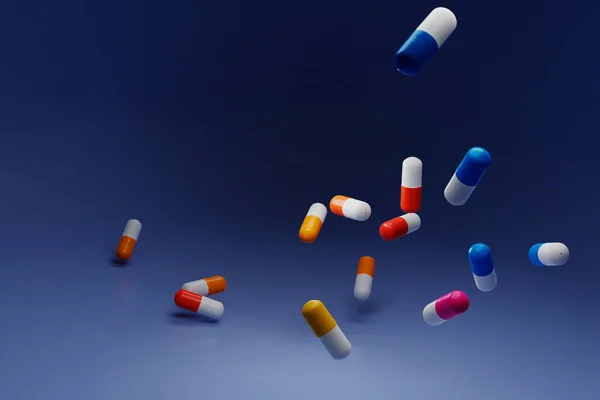 Group Antibiotic Pill Falling Blue Background Healthcare Medical Concept — Photo