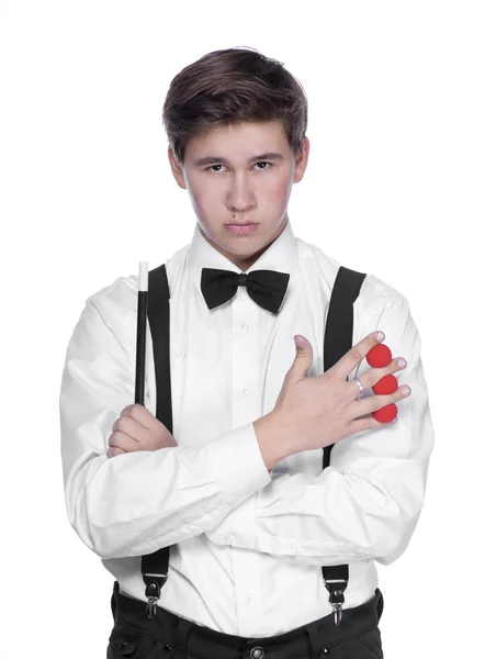 Magician with wand and balls — Stock Photo, Image