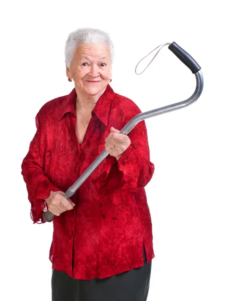 Vieja feliz con un bastón — Foto de Stock