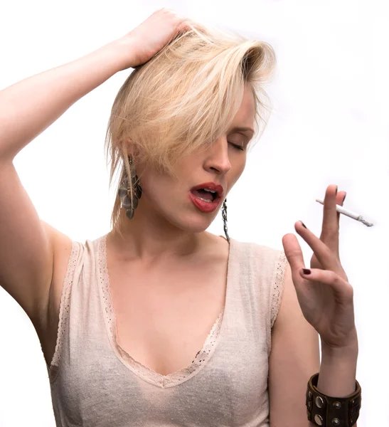 Emotional sexy woman posing with cigarette — Stock Photo, Image