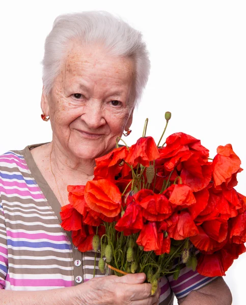 Vieja con racimo de amapolas — Foto de Stock