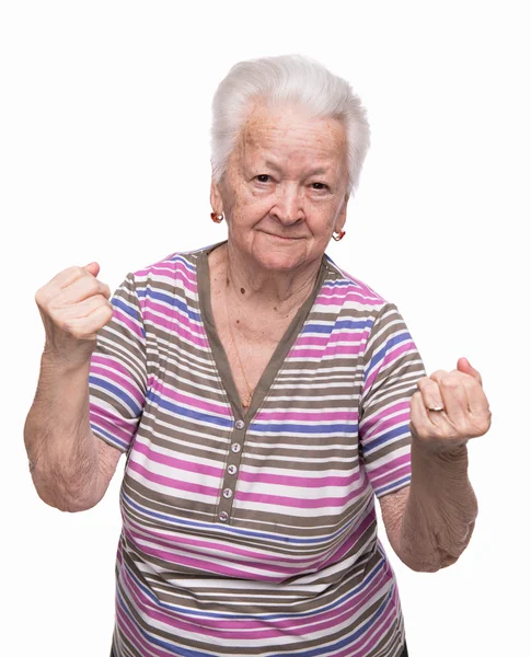 Angry old woman making fists — Stock Photo, Image