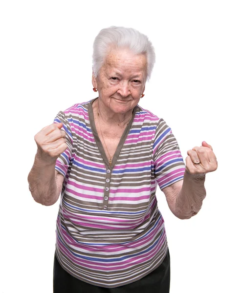 Angry old woman making fists — Stock Photo, Image