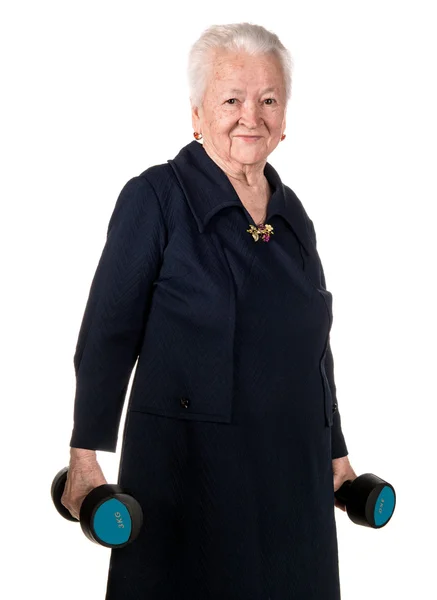 Mulher velha feliz fazendo treinamento de fitness com halteres — Fotografia de Stock