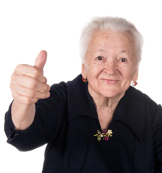 Mujer vieja mostrando signo ok — Foto de Stock