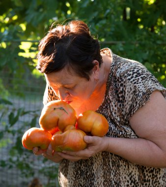 kadın bahçede domates ile
