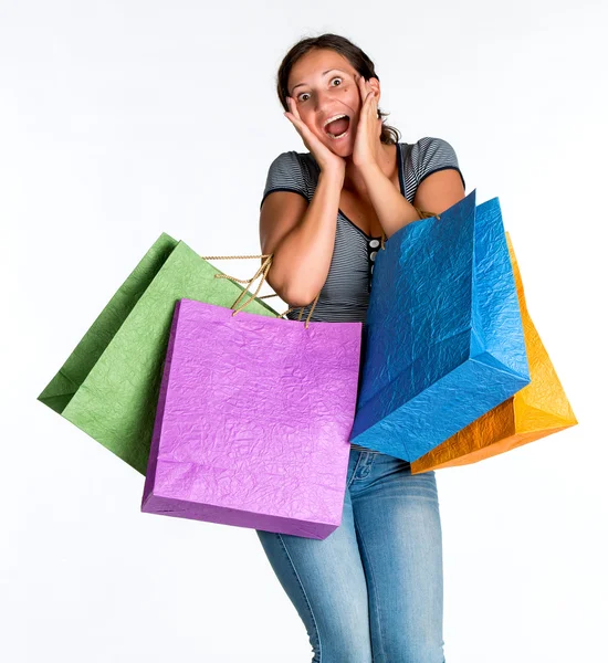 Femme heureuse avec des sacs à provisions — Photo