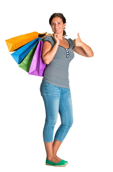 Femme heureuse avec des sacs à provisions — Photo