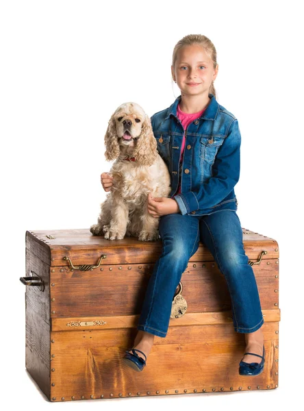 Mooi meisje, zittend met Amerikaanse spaniel op een houten kist — Stockfoto