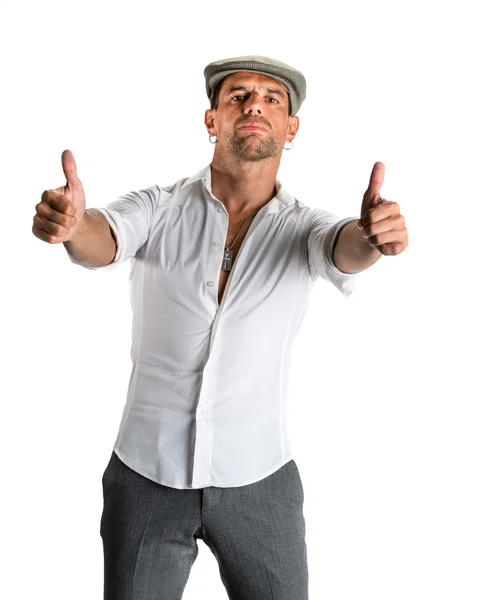 Young handsome man in modern cap showing ok sign — Stock Photo, Image