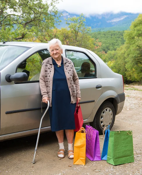 Old woman with shopping bags — Stock Photo, Image
