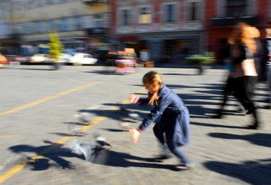 güvercinler ile oynayan çocuk