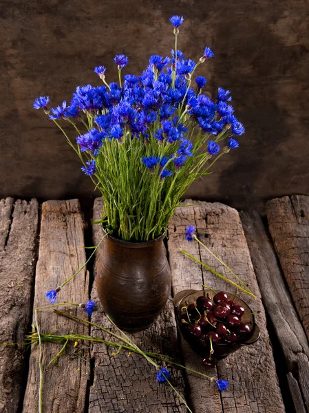 Natureza morta com flores de milho azuis em vaso e cerejas — Fotografia de Stock