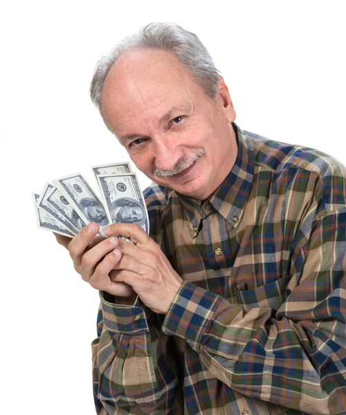 Elderly man holding dollar bills — Stock Photo, Image