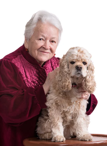 Old woman with american cocker spaniel — Stock Photo, Image