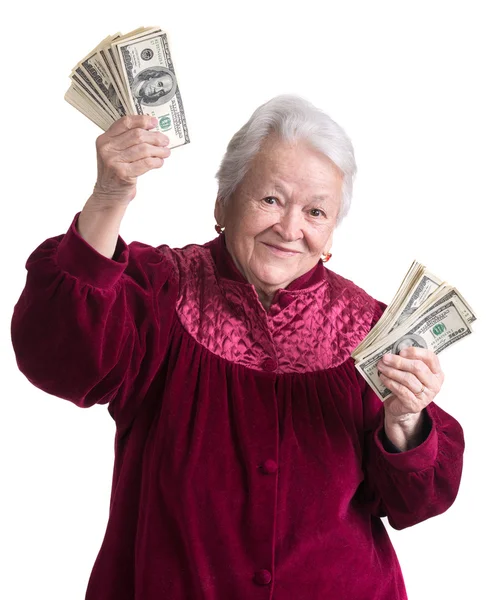 Usmíval se stará žena hospodářství peníze — Stock fotografie