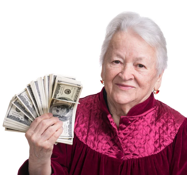 Sonriente anciana sosteniendo dinero — Foto de Stock