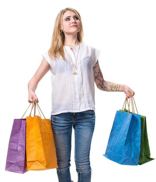 Fille heureuse avec des sacs à provisions — Photo