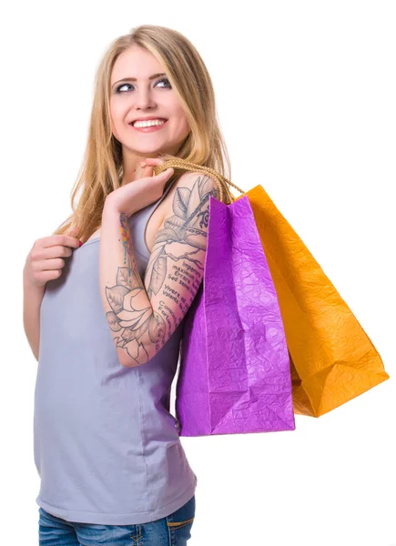 Fille heureuse avec des sacs à provisions — Photo