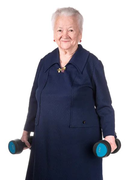 Feliz anciana haciendo entrenamiento de fitness con pesas — Foto de Stock