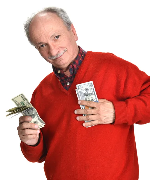 Lucky old man holding dollar bills — Stock Photo, Image