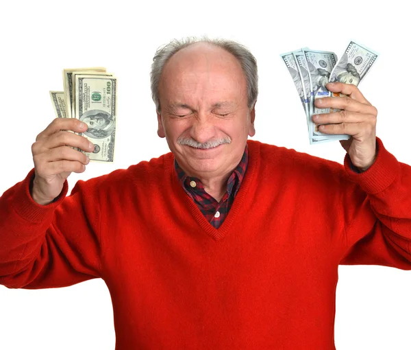 Lucky old man med dollarsedlar — Stockfoto