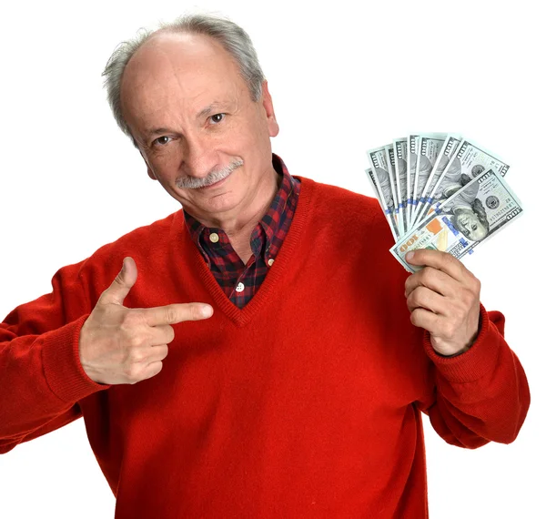 Viejo afortunado sosteniendo billetes de dólar —  Fotos de Stock