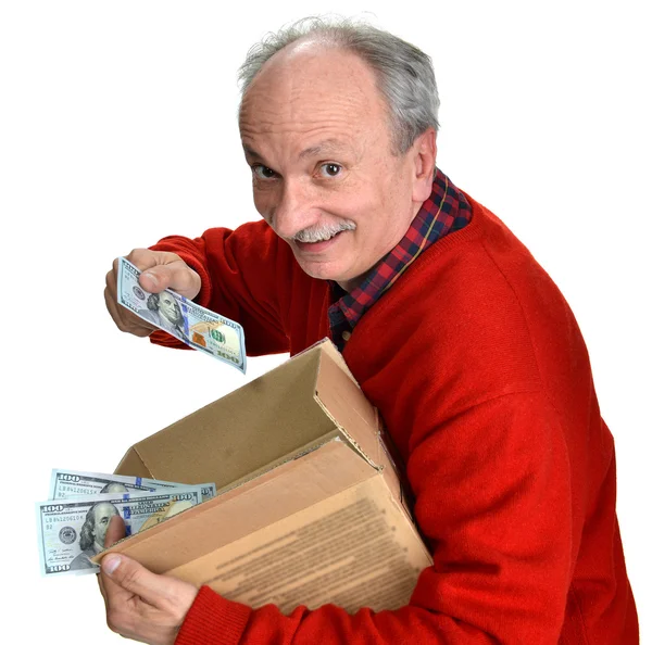 Lucky old man holding box with dollar bills — Stock Photo, Image