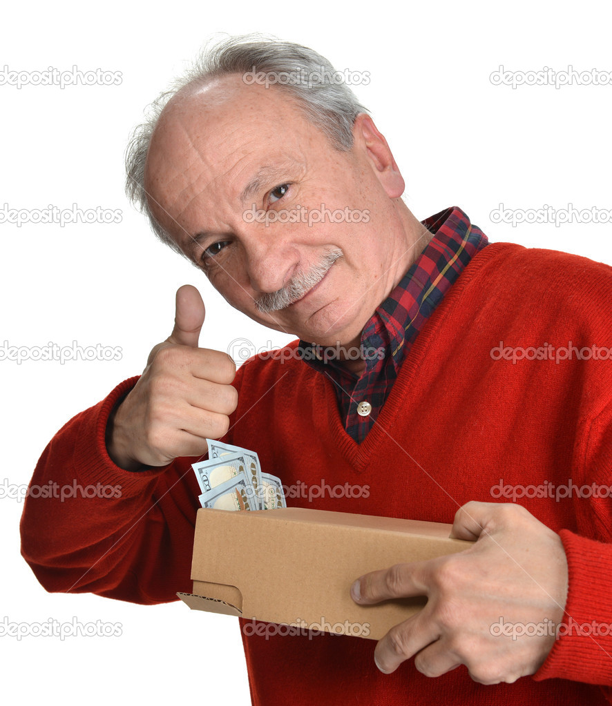 Lucky old man holding box with dollar bills