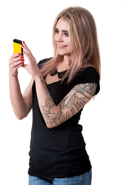 Picture of happy girl with phone — Stock Photo, Image