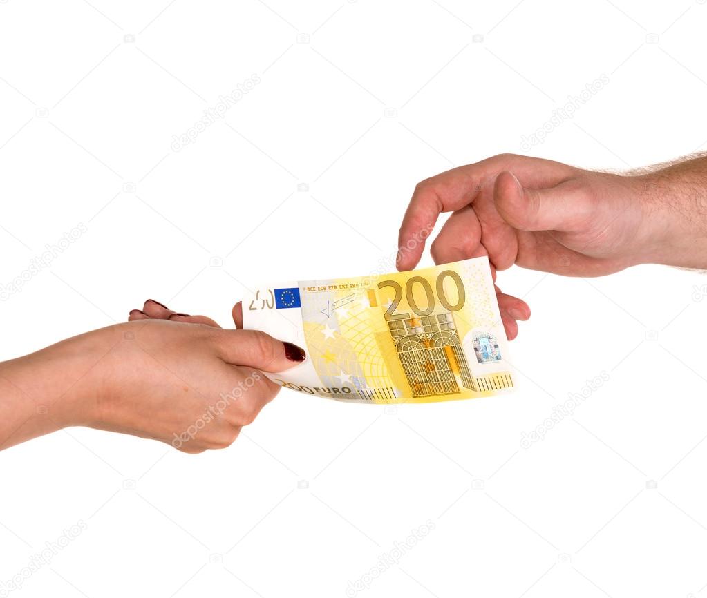 Woman giving 200 euro banknote to a man