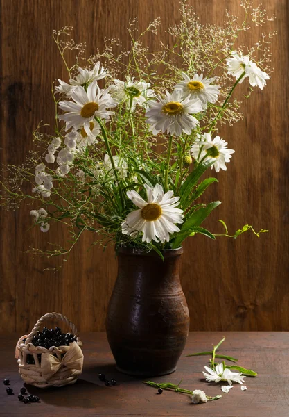 Gänseblümchen in der Vase und Blaubeeren im Korb — Stockfoto