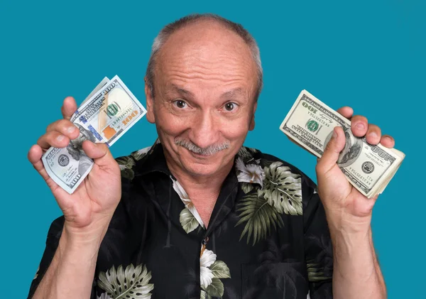 Lucky old man holding dollar bills — Stock Photo, Image