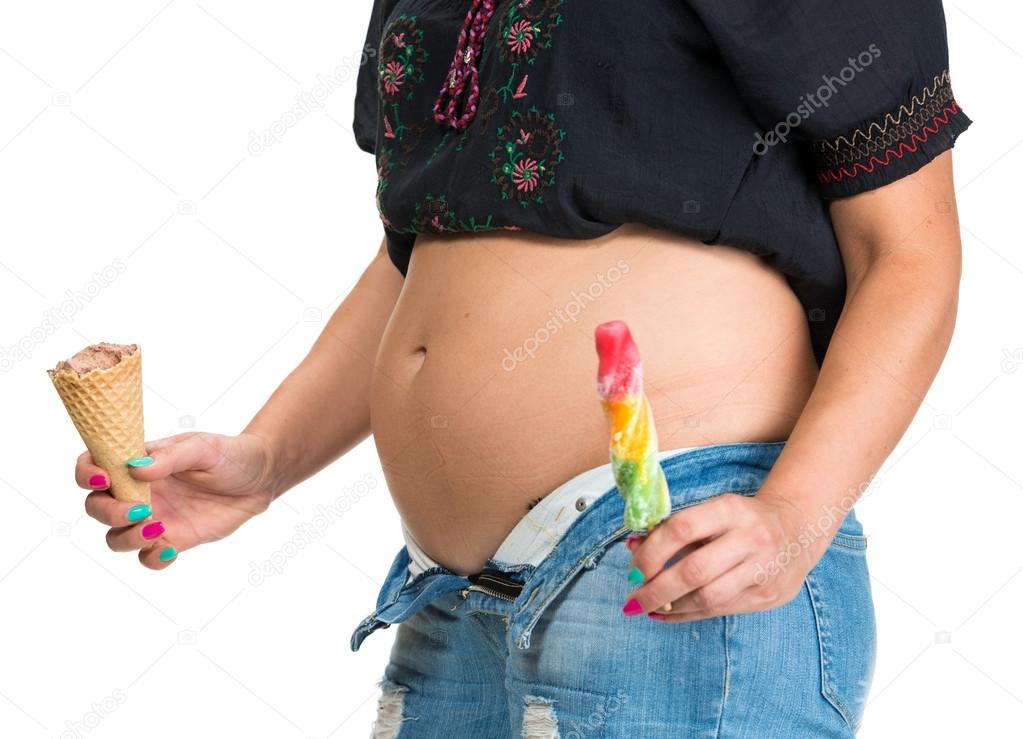 Overweight woman with ice creams