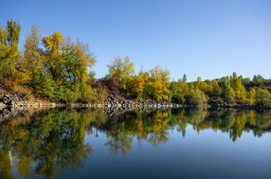 Parktaki gölde sonbahar güneşli bir gün.
