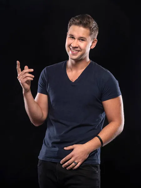 Portrait Smiling Handsome Man Posing Studio Black Background — Stock Photo, Image