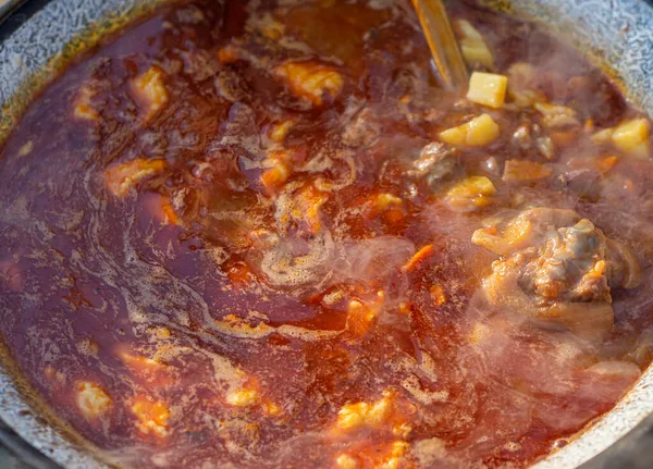 Μαγειρεύω Σούπα Στη Σχάρα Τουρίστας Μπόουλερ Σκάγια Στη Φωτιά Κοντινές — Φωτογραφία Αρχείου