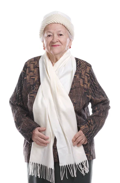Senior Vrouw Witte Hoed Sjaal Poseren Studio Witte Achtergrond — Stockfoto