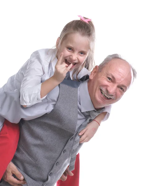 Feliz Sorrindo Avô Com Neta Divertindo Juntos Estúdio Sobre Fundo — Fotografia de Stock