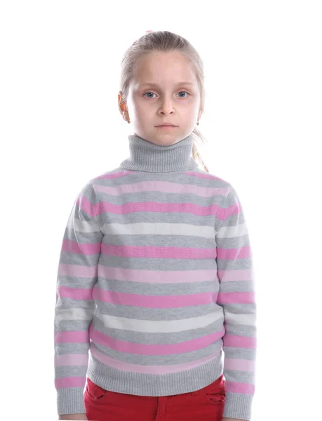 Trauriges Kleines Mädchen Posiert Studio Vor Weißem Hintergrund — Stockfoto