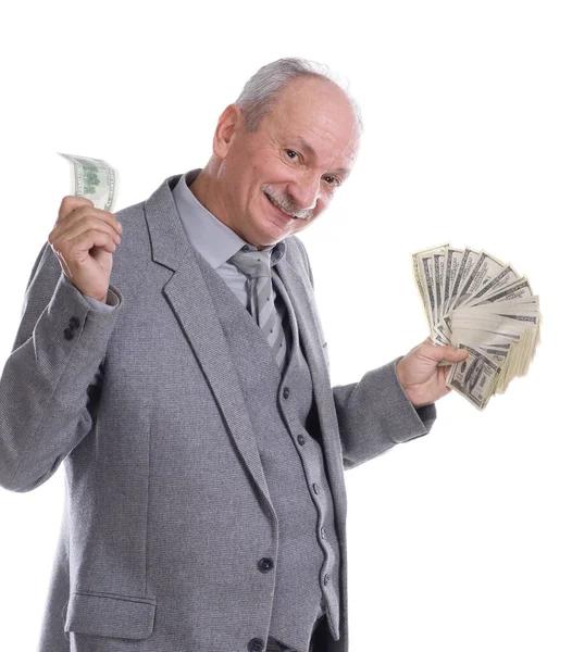 Happy Smiling Senior Businessman Holds Pack Dollars Posing Studio White — Stock Photo, Image