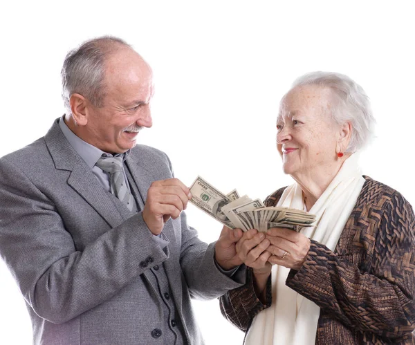 Smiling Elderly Mother Son Holding Pack Dollars Posing Studio White — Stock Photo, Image