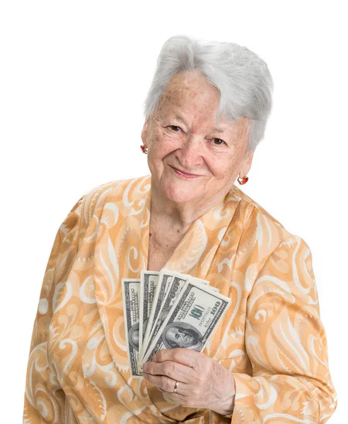 Vieja Mujer Sonriente Sosteniendo Dólares Mano Sobre Fondo Blanco — Foto de Stock