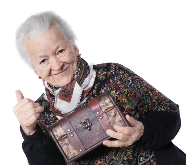 Old Smiling Woman Gift Box Posing Studio White Background — Stock Photo, Image